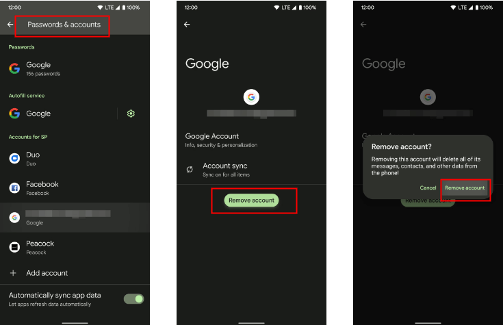 remove google account from android in settings