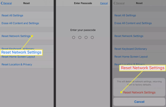 reset network settings to solve safari not working problem
