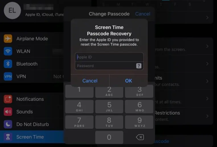 restablecer contraseña de tiempo de pantalla con id de apple