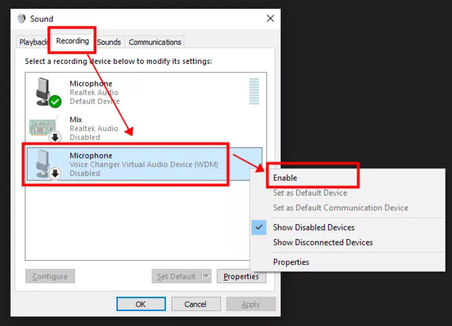 enable voice changer virtual audio device in recording