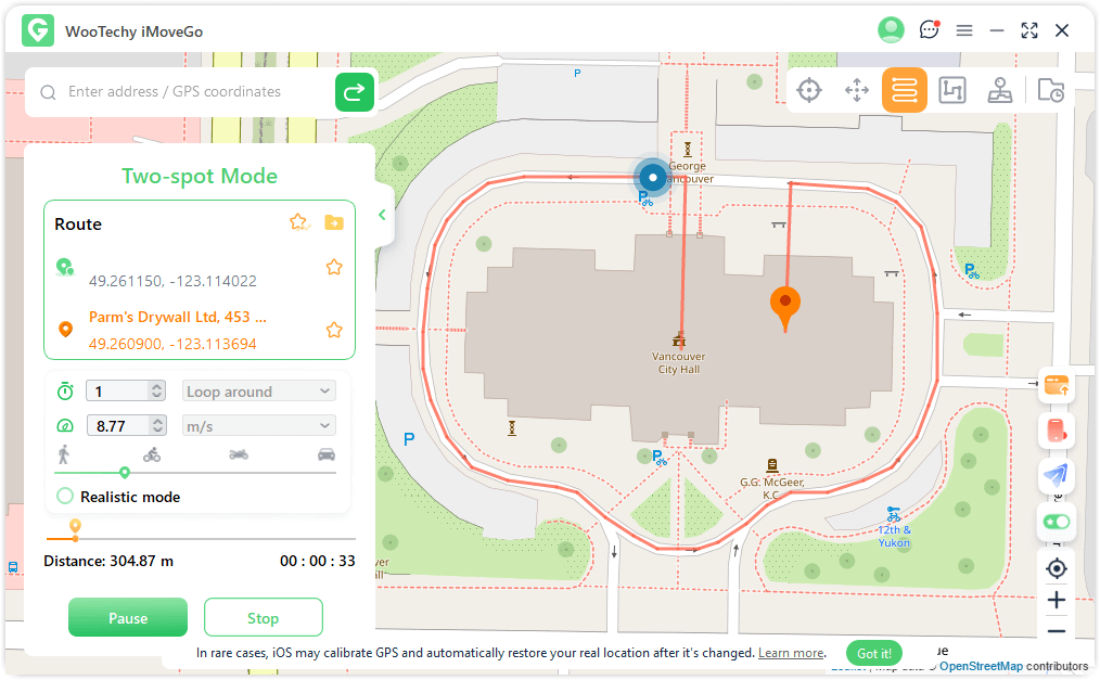 simulate GPS with Two-Spot Route