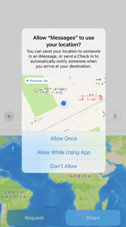 Allow permission to access your location on iOS 17/18 Messages
