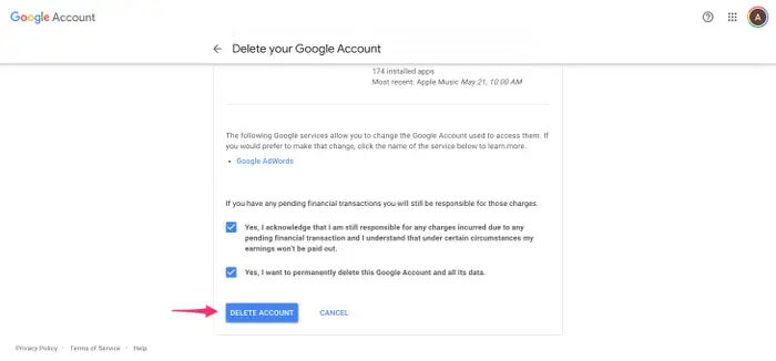 delete google account in android