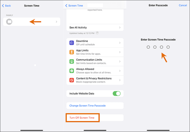 disable child's screen time to sign out apple id