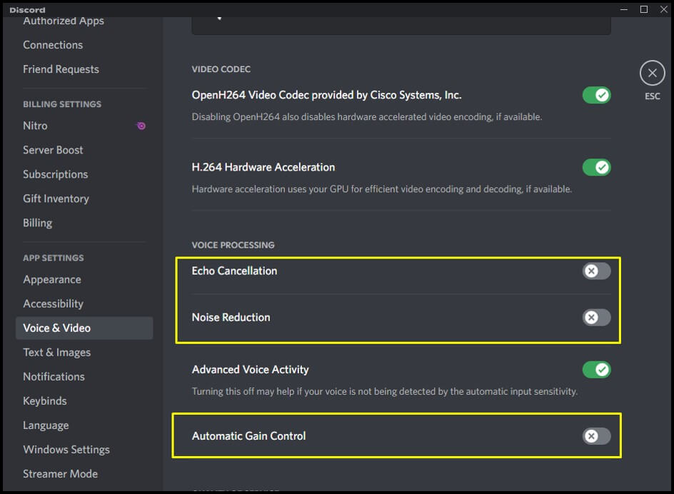 disable echo cancellation and noise reduction