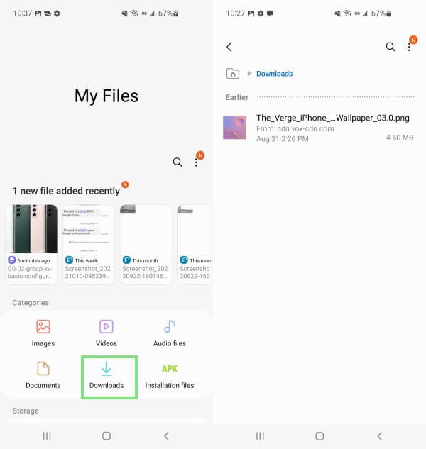 fing downloads in My Files