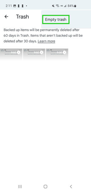 empty trash in Google Photos