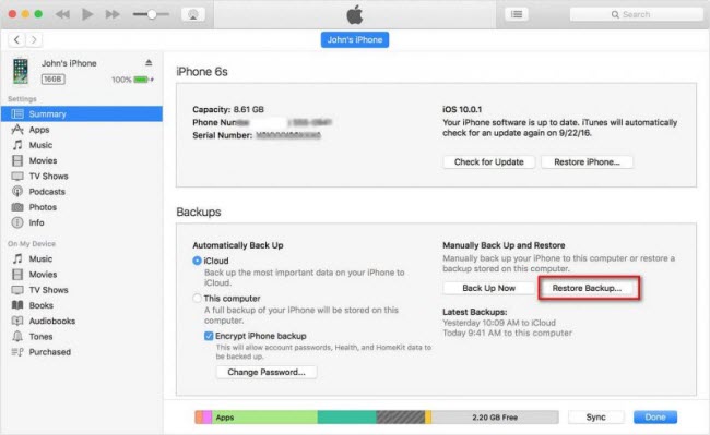restore backup in itunes