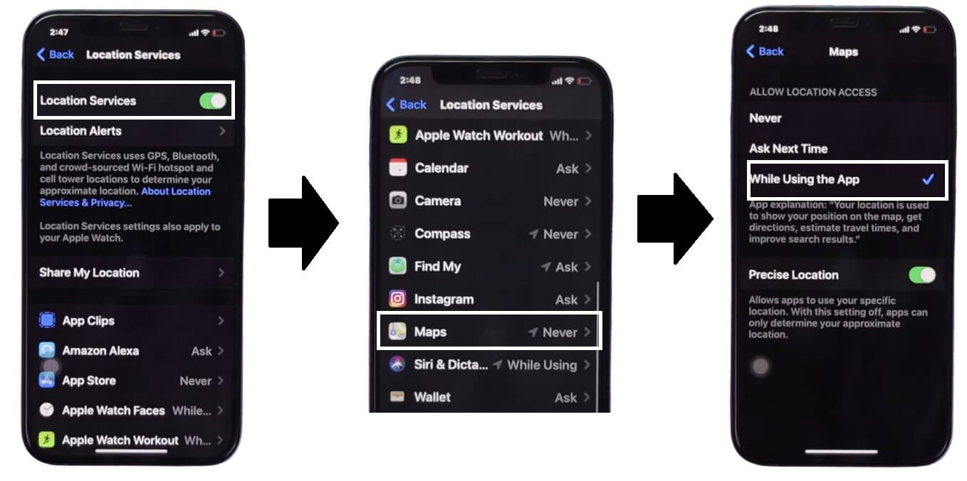 check iPhone Maps location services