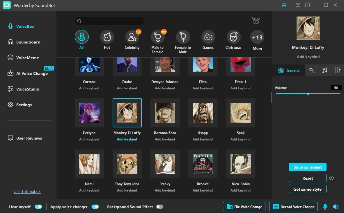 generate luffy voice on the soundbot