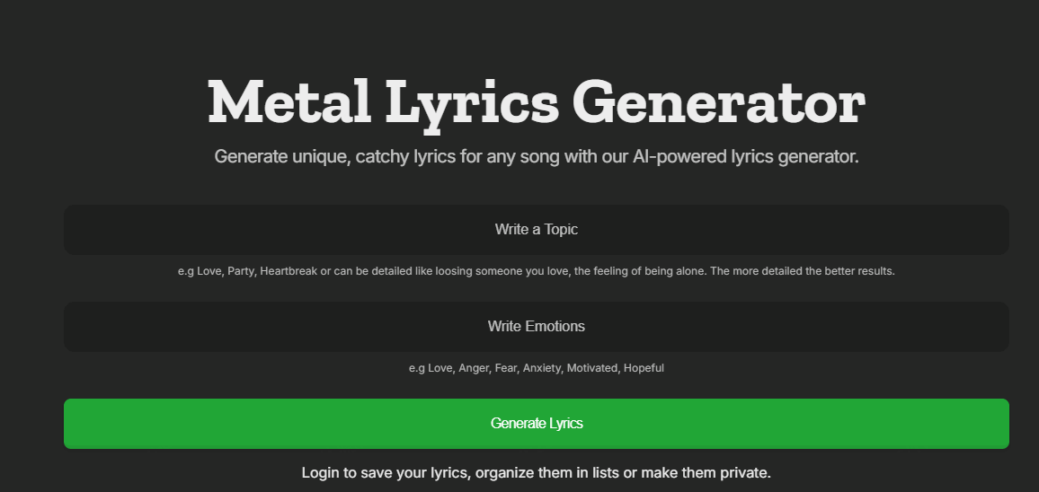 lyricsgenerator ai metal lyrics generator overview
