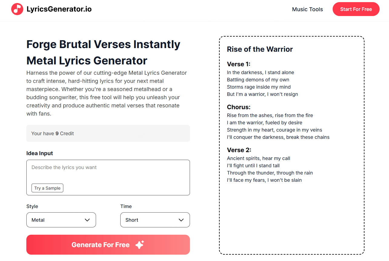 lyricsgenerator.io. ai metal lyrics generator overview