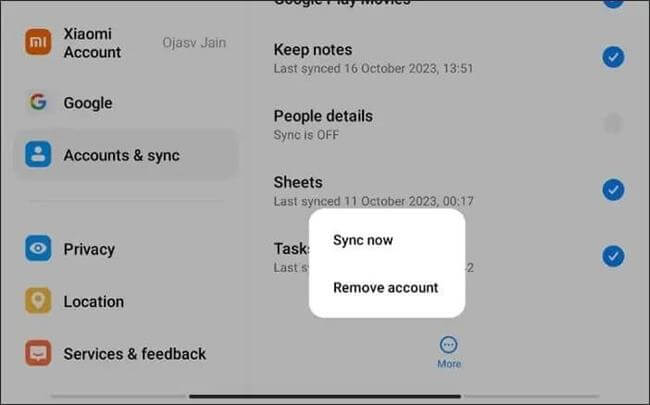 remove google account in settings