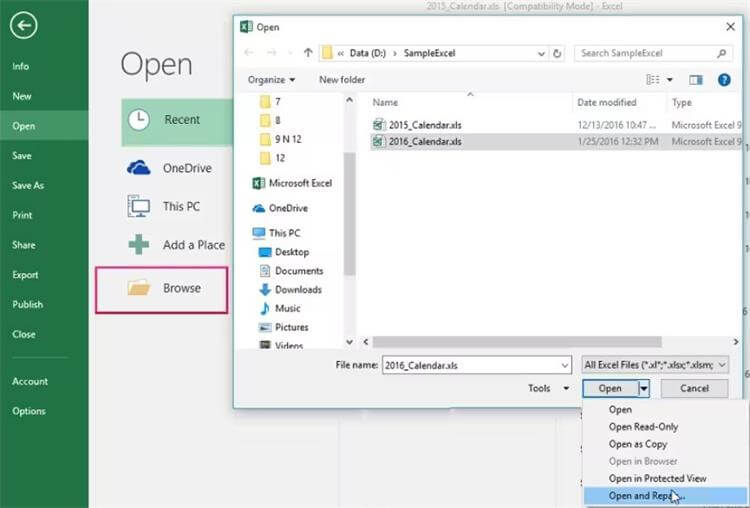 repair damaged excel files via open and repair
