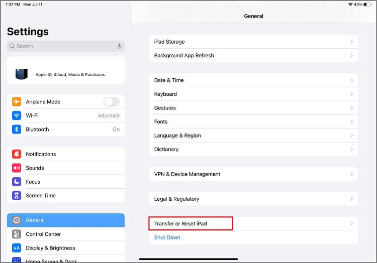 reset ipad without apple id via settings