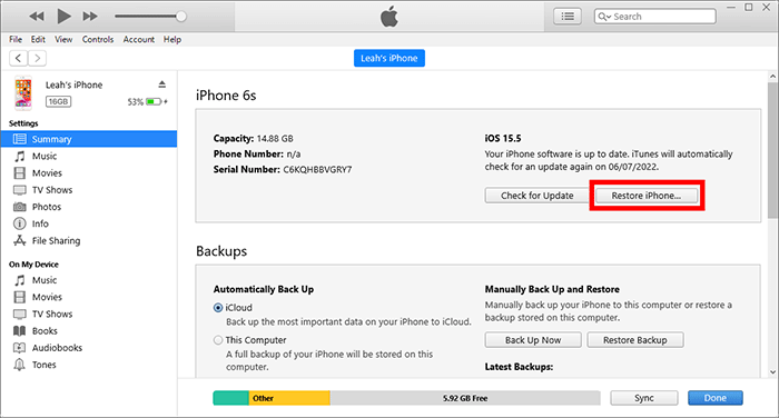 reset iphone without screen time password via itunes
