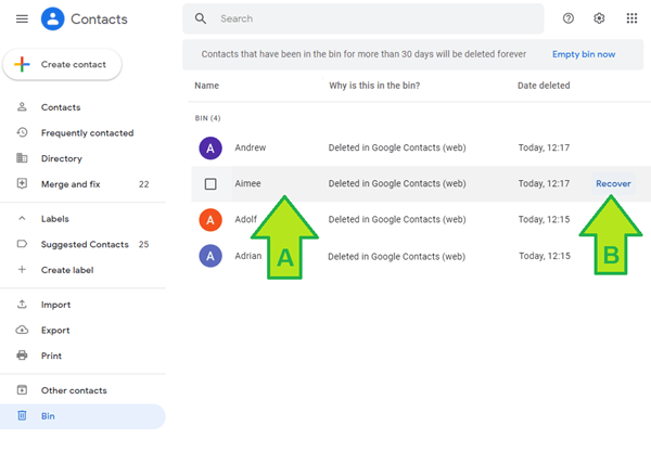 restore Google contacts from bin