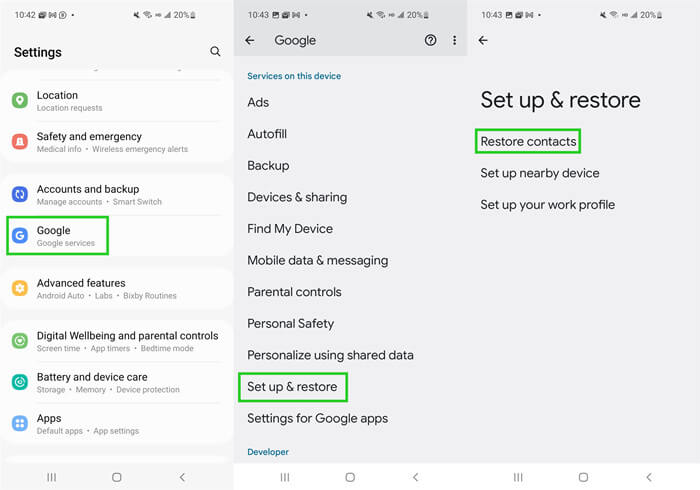 Google contacts restore from settings