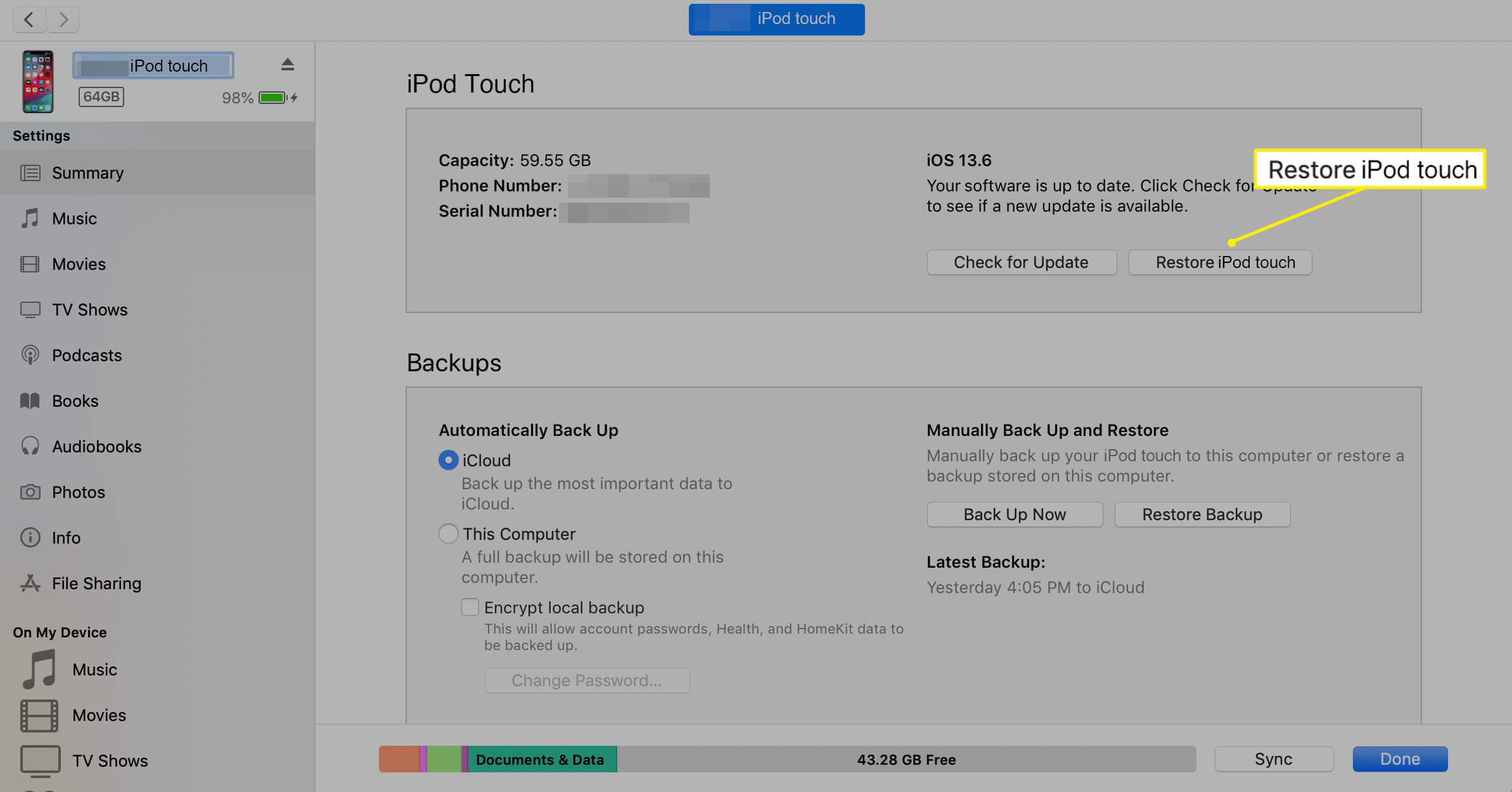 reset ipod touch itunes