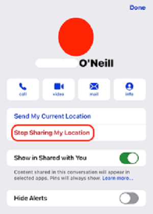 Stop Sharing Location By Disabling the feature of Stop Sharing My Location