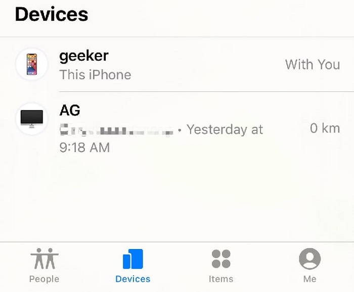 tap devices on find my app