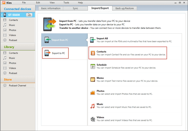 transfer contacts from Samsung to computer with Kies