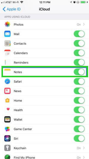 turn on iCloud notes on iPhone