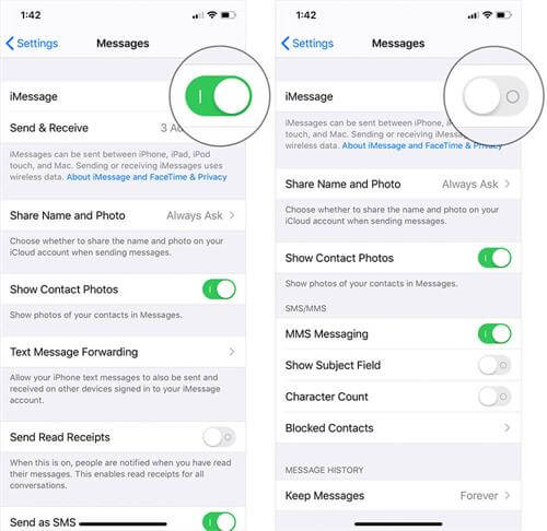 turn off then on imessage