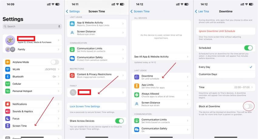 turn on block at downtime on iphone
