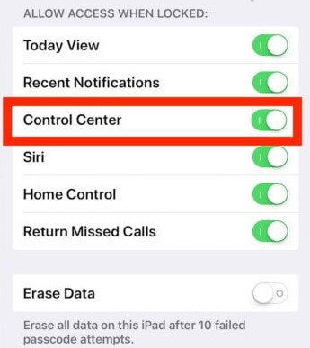 enable control center on iPhone lock screen