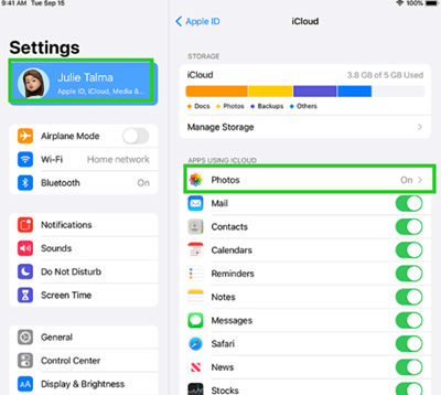 turn on iCloud photos in settings