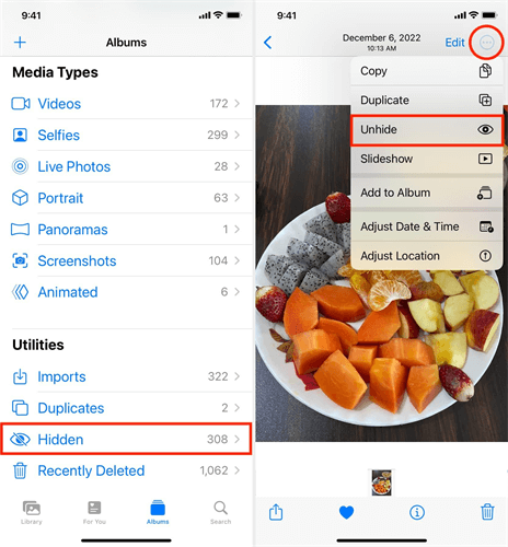 unhide photos on iphone