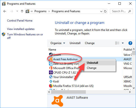 uninstall antivirus windows