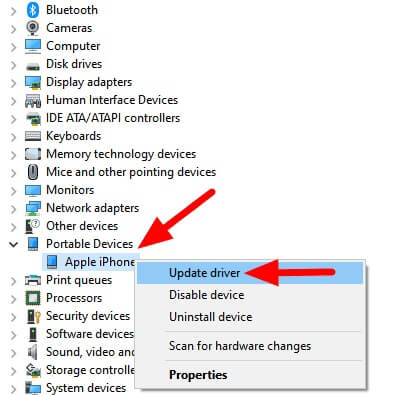 update iPhone driver in windows