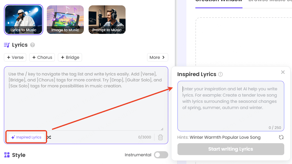 use topmediai to generate lyrics