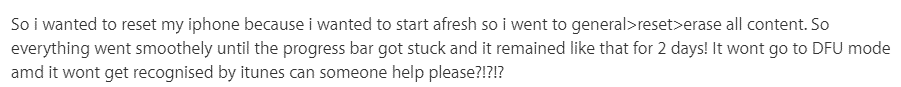 user comment about iphone factory reset stuck