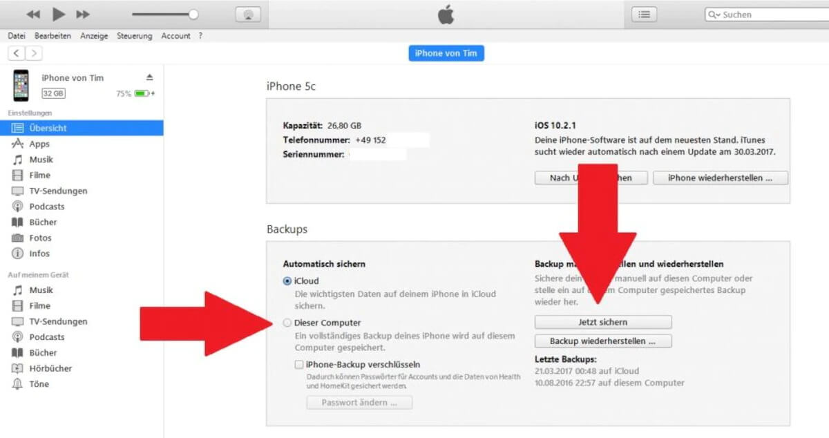 Das iPhone vor dem Update auf iOS 26 Beta mit iTunes sichern