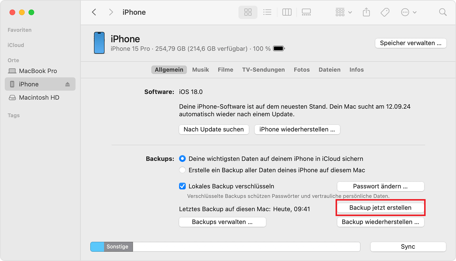 Backup des iPhones mit dem Mac vor dem iOS 26 Beta-Update