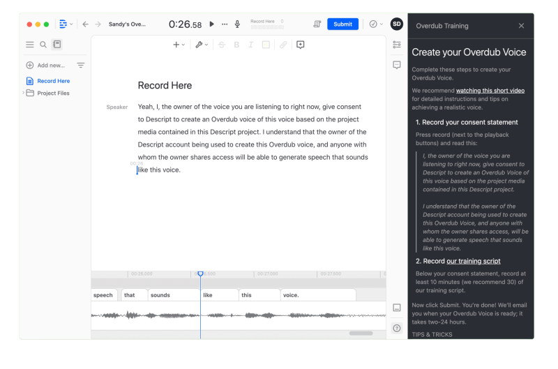 descript ai meine eigene Stimme klonen