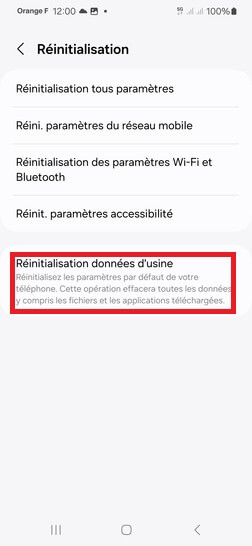 réinitialisation des données d'usine