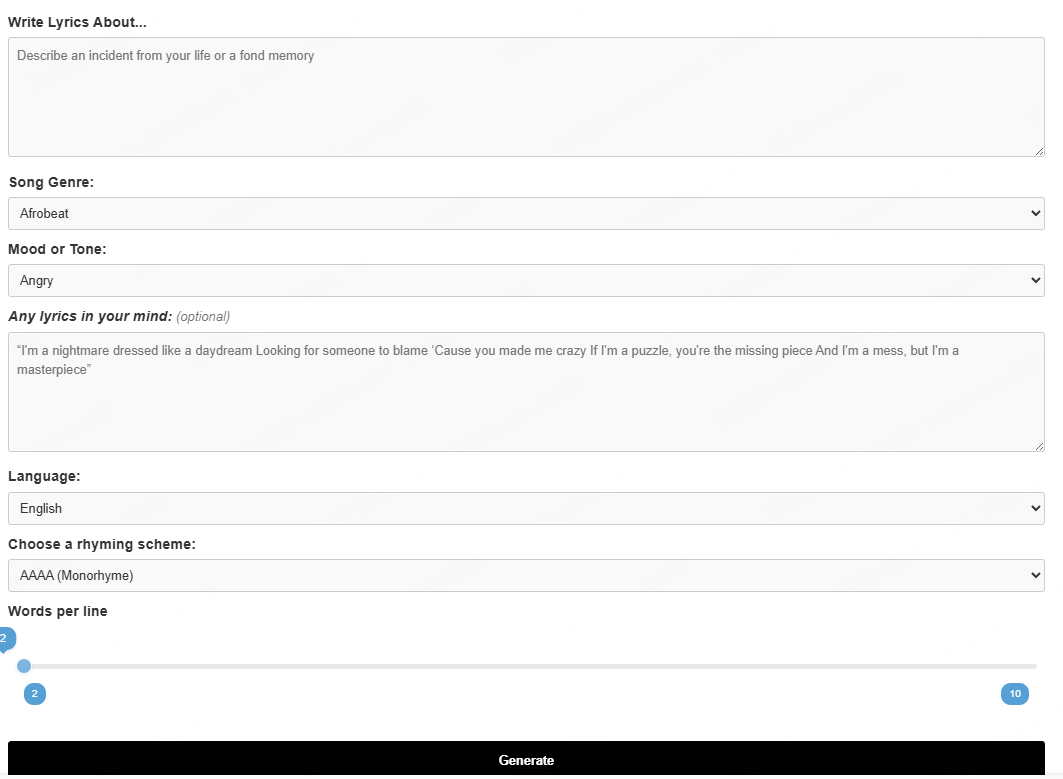 generatelyrics kostenloser KI-Songtext-Generator