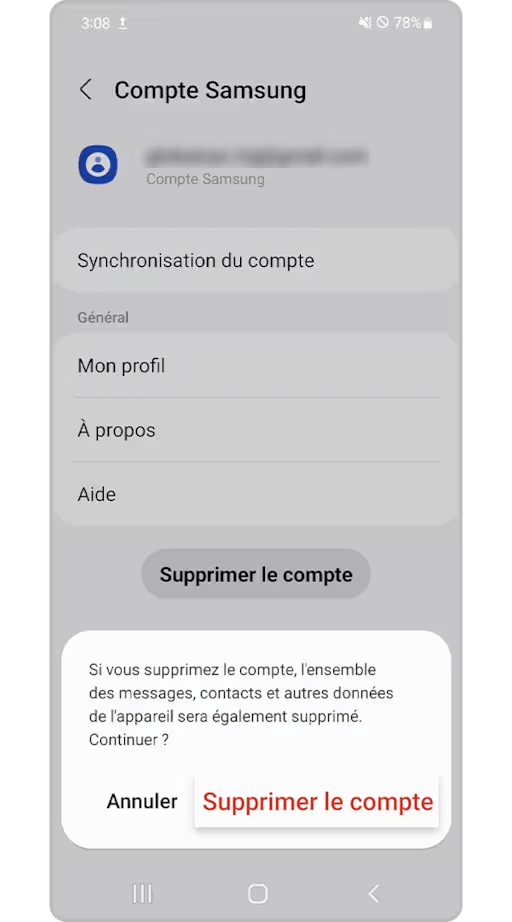 supprimer le compte samsung