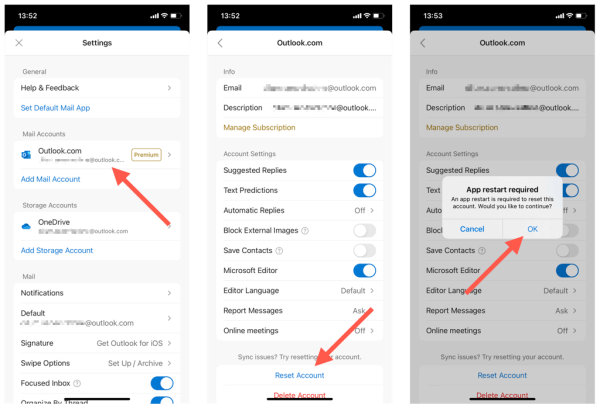 reset account in outlook app