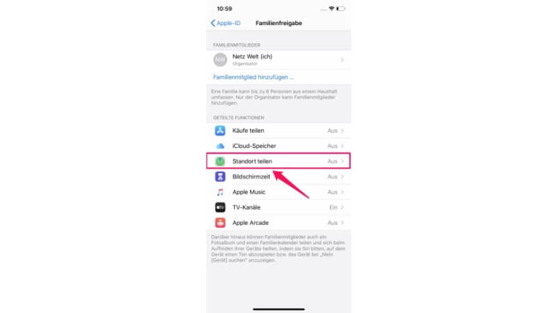 Standort mit die Familienfreigabe teilen