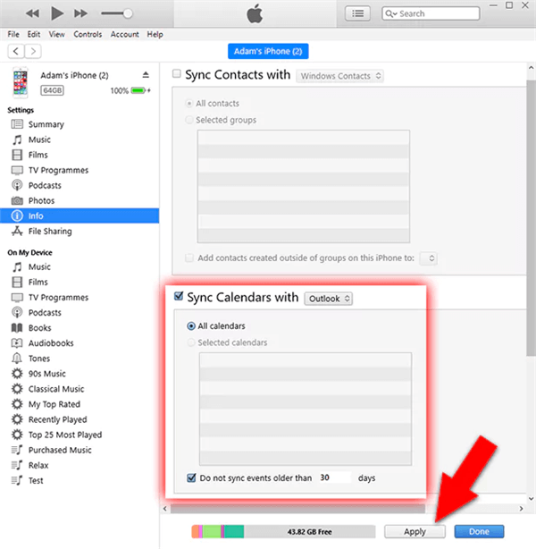sync outlook calendar with itunes