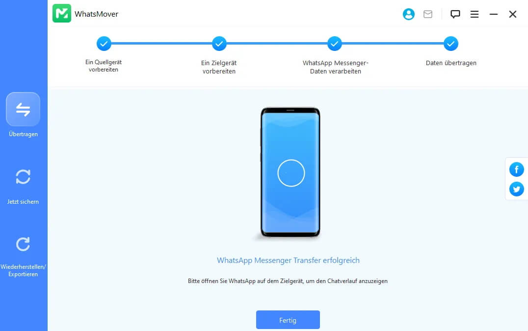 WhatsApp-Daten übertragen mit Whatsmover abgeschlossen