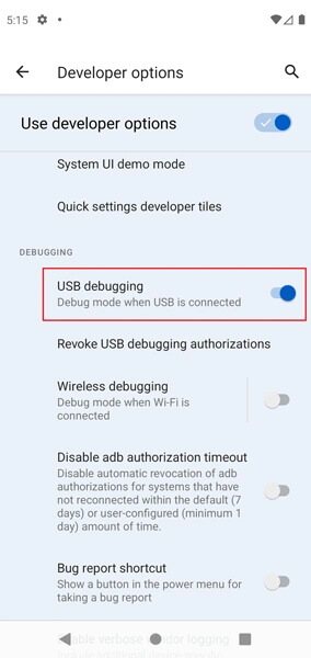desactivar la depuración usb en android