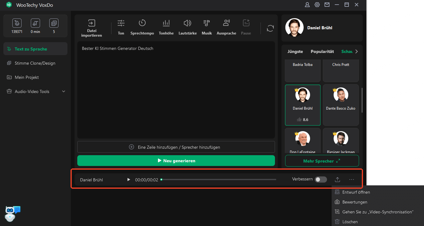 voxdo Deutsche Stimme generieren erfolgreich