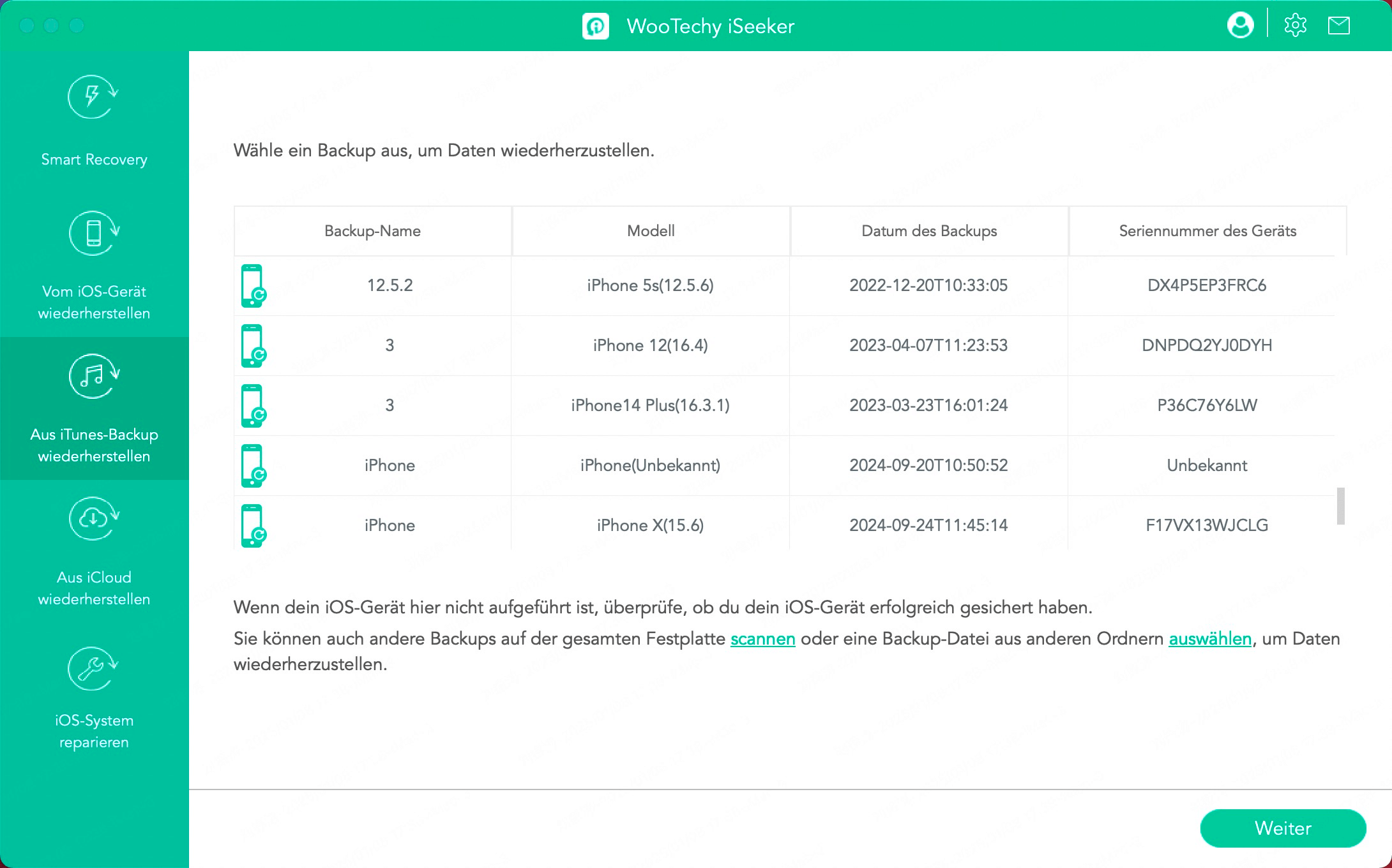 Wählen Sie ein iTunes-Backup