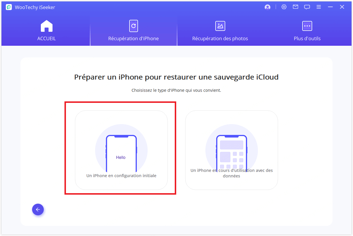 Sélectionnez le type de récupération de la sauvegarde iCloud